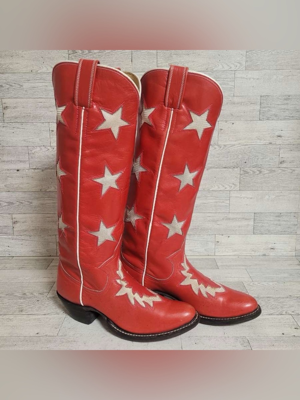 Women’s Custom Red Leather Star Inlay Patriotic Tall Rodeo Cowboy Boots Size 6 - Picture 2 of 14